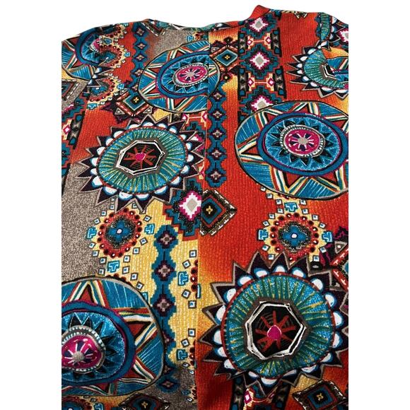 WIN WIN LONG SLV V-NECK FLARE BOTTOM TUNIC, WOMENS, L-XL, MULTICOLORS, ABSTRACT - Picture 7 of 12